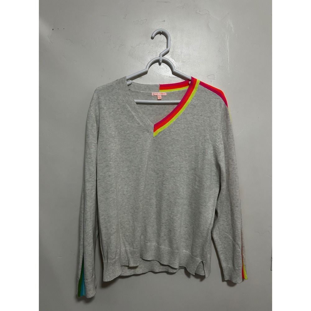Lisa Todd Womens Gray Cotton V-Neck Sweater Neon Rainbow Stripe Accents Large